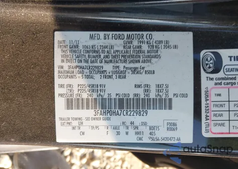 2012 Ford Fusion Se from USA, damaged, VIN 3FAHP0HA7CR229829